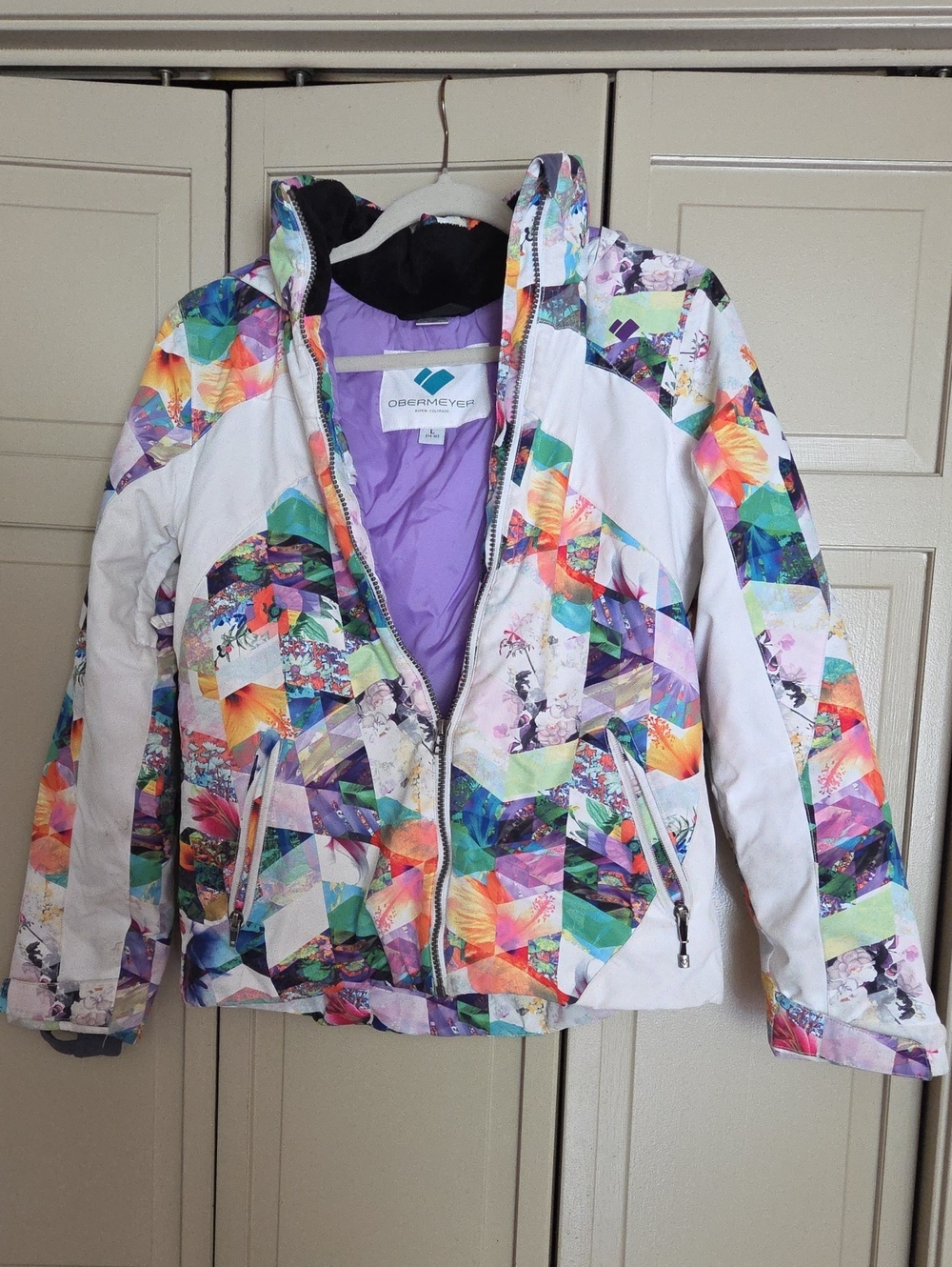 Obermeyer Girls Large 14-16 Multicolor Geometric Ski Jacket with White Panels